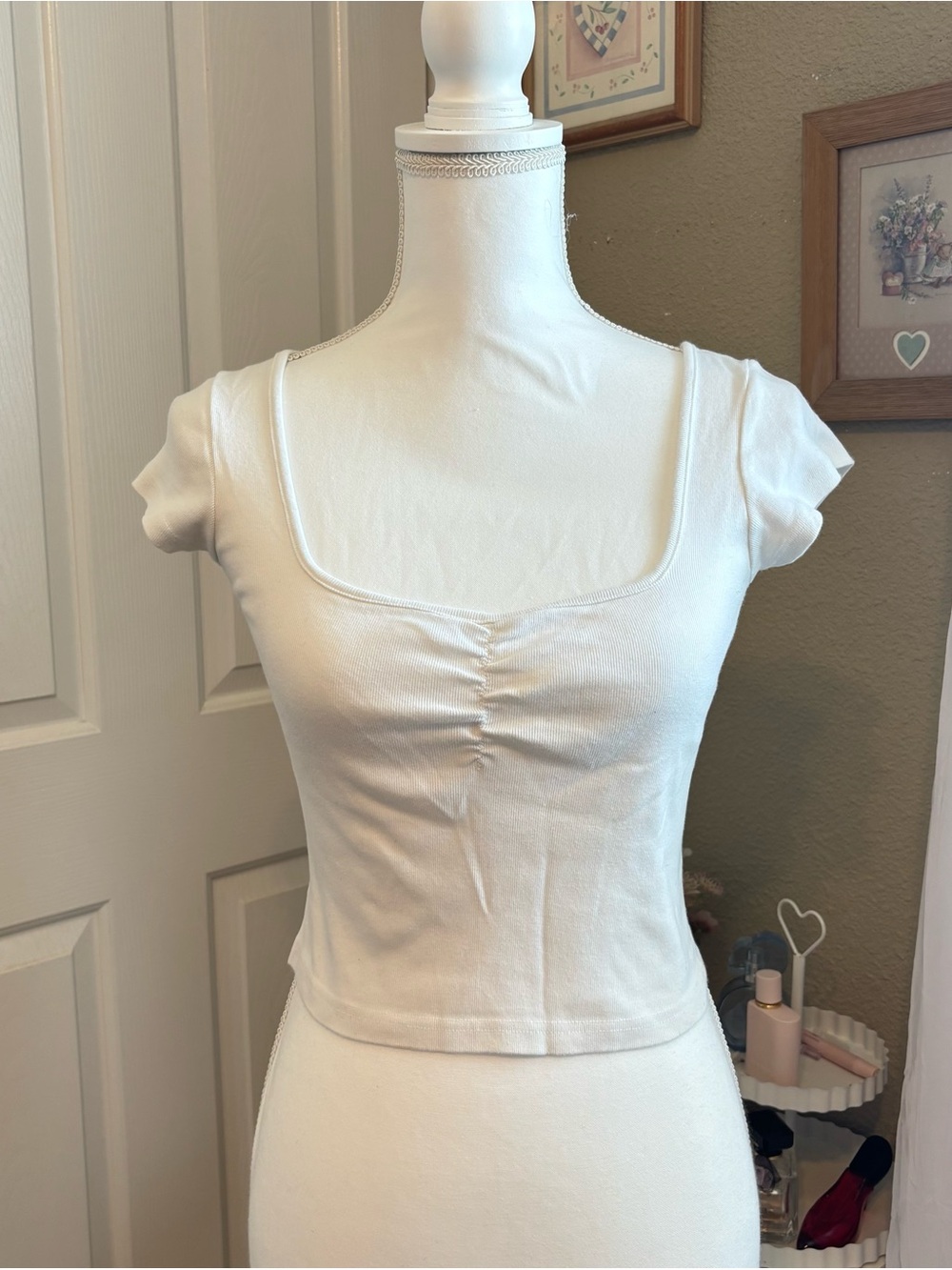 Brandy Melville White Square Neck Ruched Crop Top